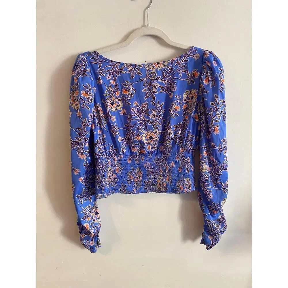 Free People Blue Floral Print Square Neckline Cropped Blouse Size Small